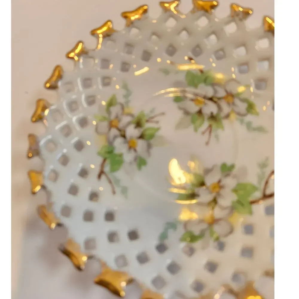 3 Legged China Teacup and Reticulated Saucer Dogwood Floral Gold tipped Japan